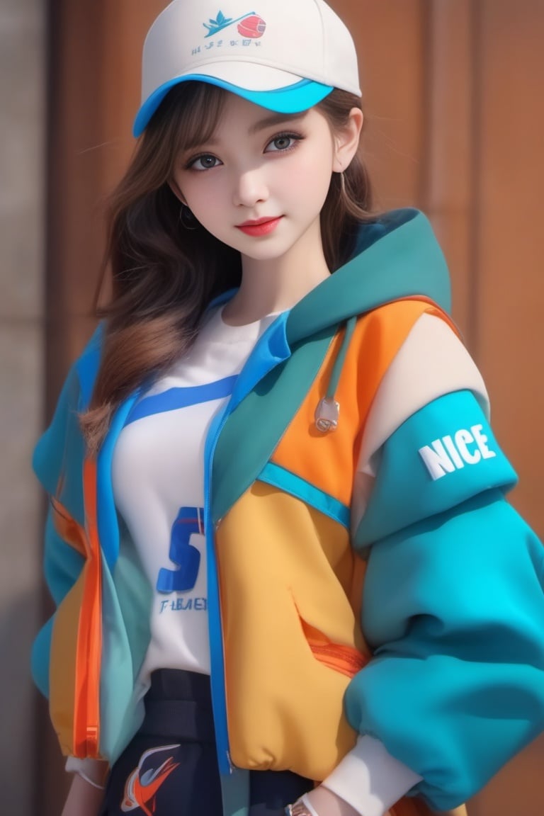 1girl,<lora:ocabcd-V0:1>,fashion coat,sports vest,nice face,bright eyes,3d style,upper body,cap,