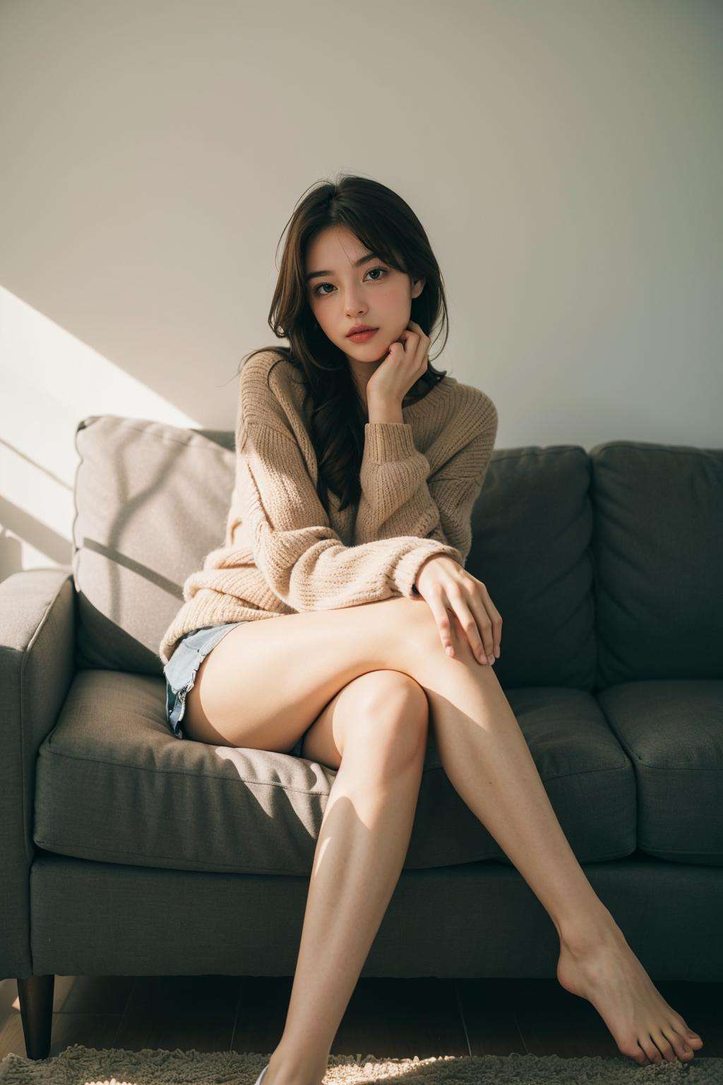 1girl,sitting on a cozy couch,crossing legs,soft light