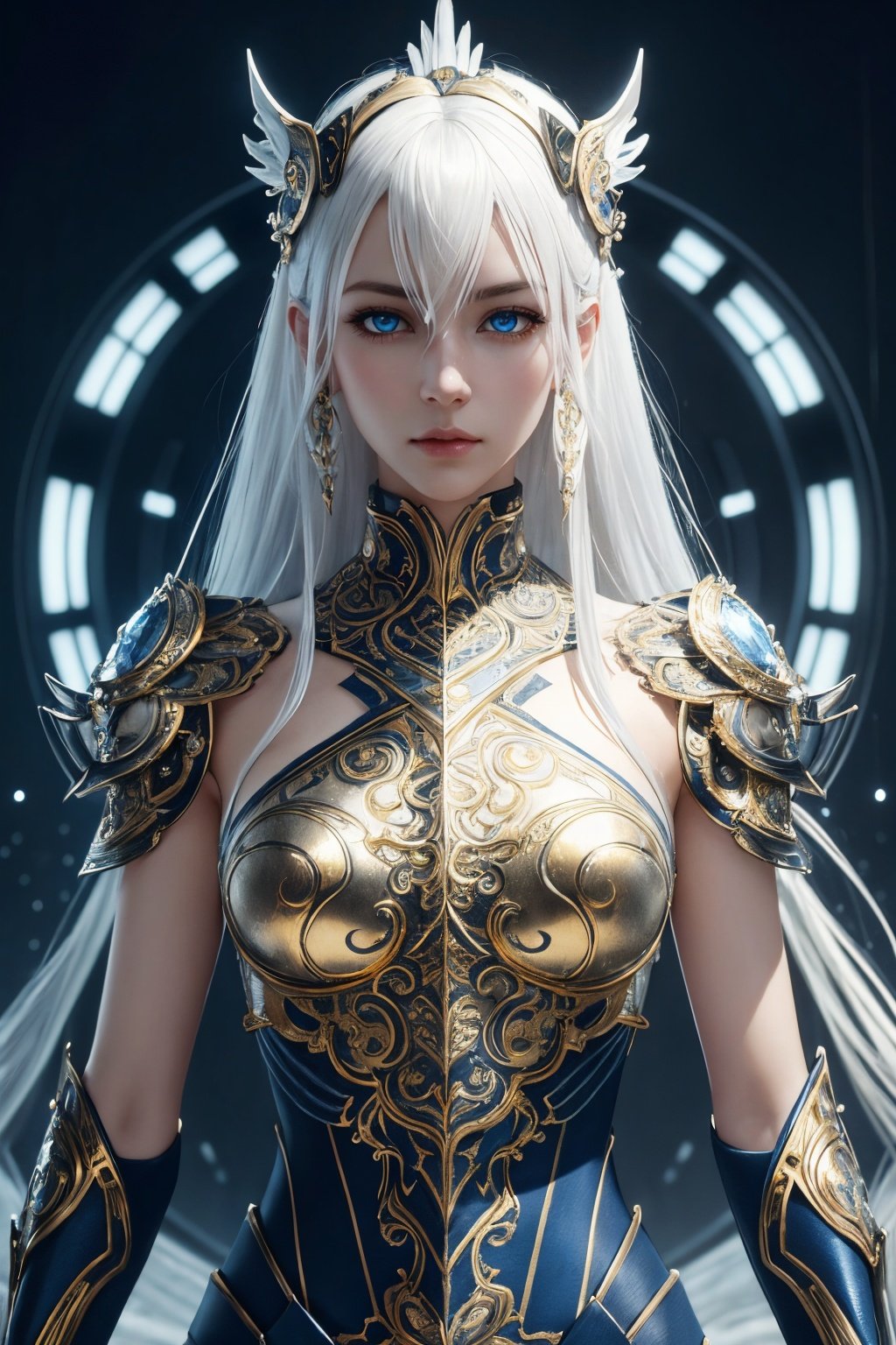 surreal photography of a stunningly beautiful cyborg female, white hair, blue eyes, embraced, delicate gold filigree, intricate filigree, glowing, in the style of beth cavener, jin kagetsu, and wlop, highly detailed, intricate detailed, chrome face symmetry, masterpiece, award - winning, sharp focus, concept art, high key, ambient lighting, 8 k, octane render