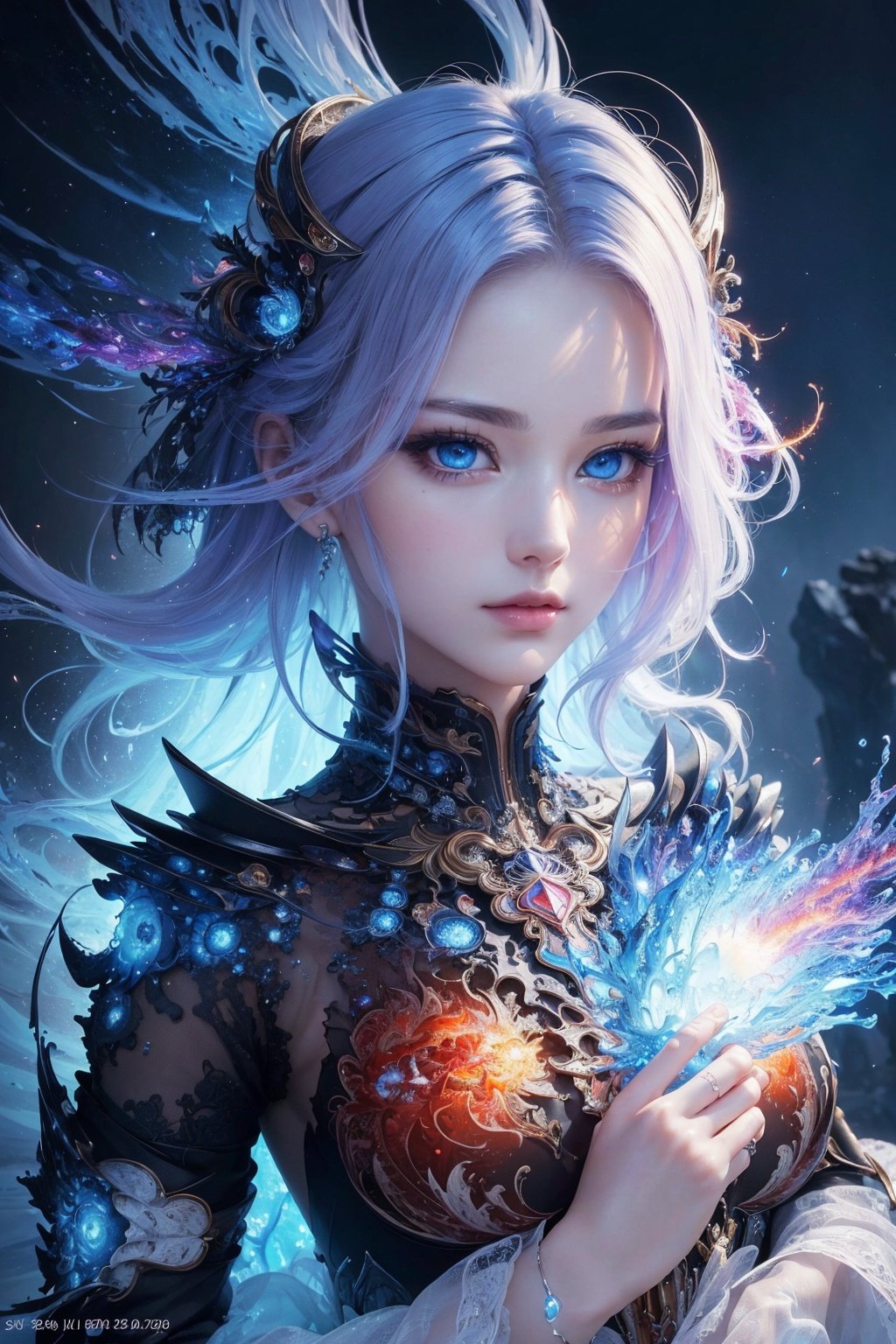 (masterpiece, top quality, best quality, official art, beautiful and aesthetic:1.2), (1girl), extreme detailed,(abstract, fractal art:1.3),colorful hair,highest detailed, detailed_eyes, fire, water, ice, lightning, light_particles, ghost,