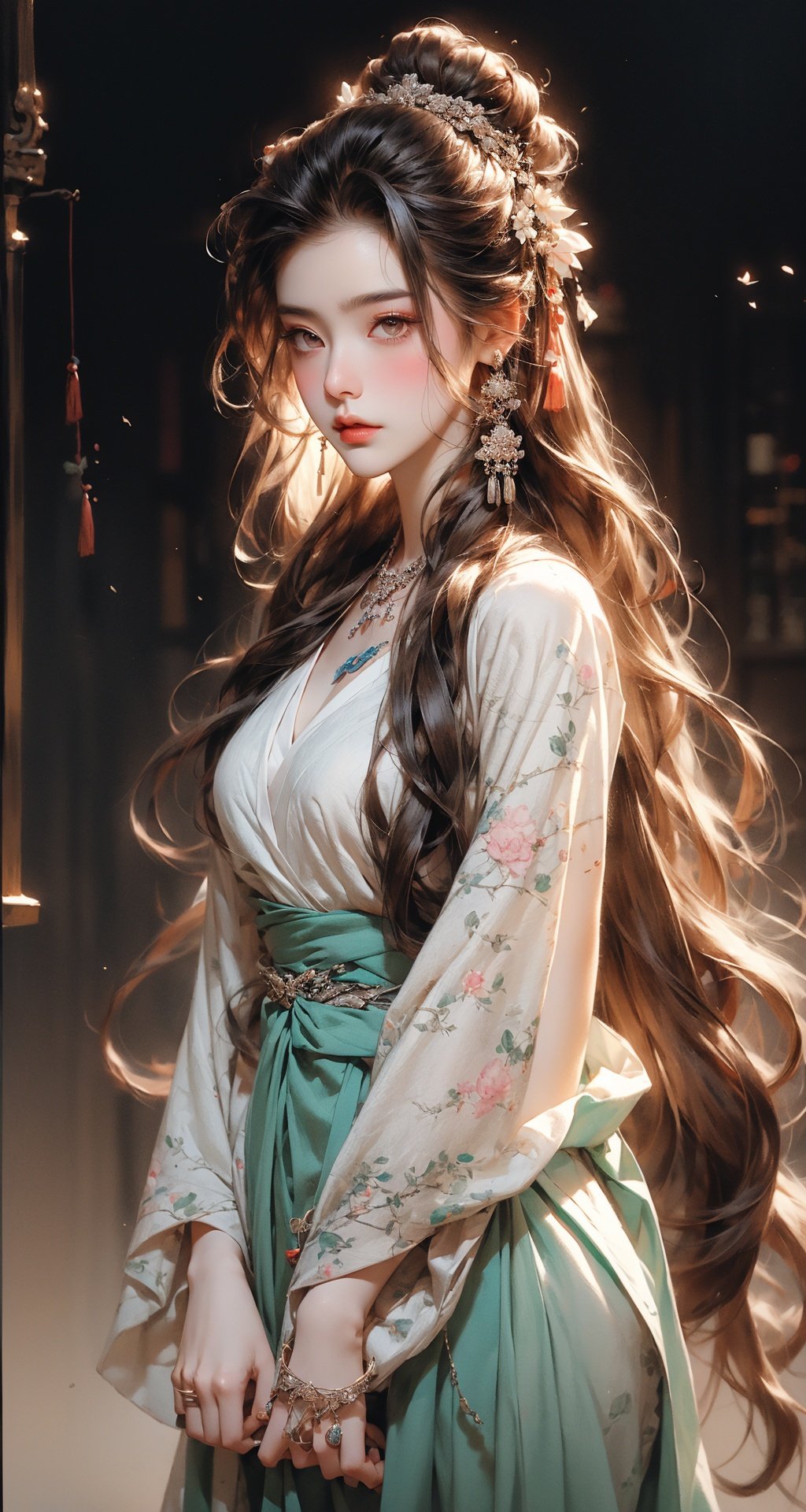 1girl, wearing hanfu, lotus leaf, best quality, master, (full body:1), highres, pretty face, hair accessories, (middle chest: 1.8) (solo:1), looking at viewer, lips, dress, heal order, necklace, jewelry, (ridiculous long hair: 1.4), earrings, hanfu, architecture, East Asian architecture, hanfu, ( Realism:1.5), Super High Resolution, Best Quality, Shameful Blush, Hair Strands, Arms Behind, (Expressive Hair:1.4) ,Perfect Body Proportions, ,baihuaniang,1 girl,Ink painting, <lora:EMS-10592-EMS:0.7>, <lora:EMS-1495-EMS:0.8>, <lora:EMS-10529-EMS:0.3>