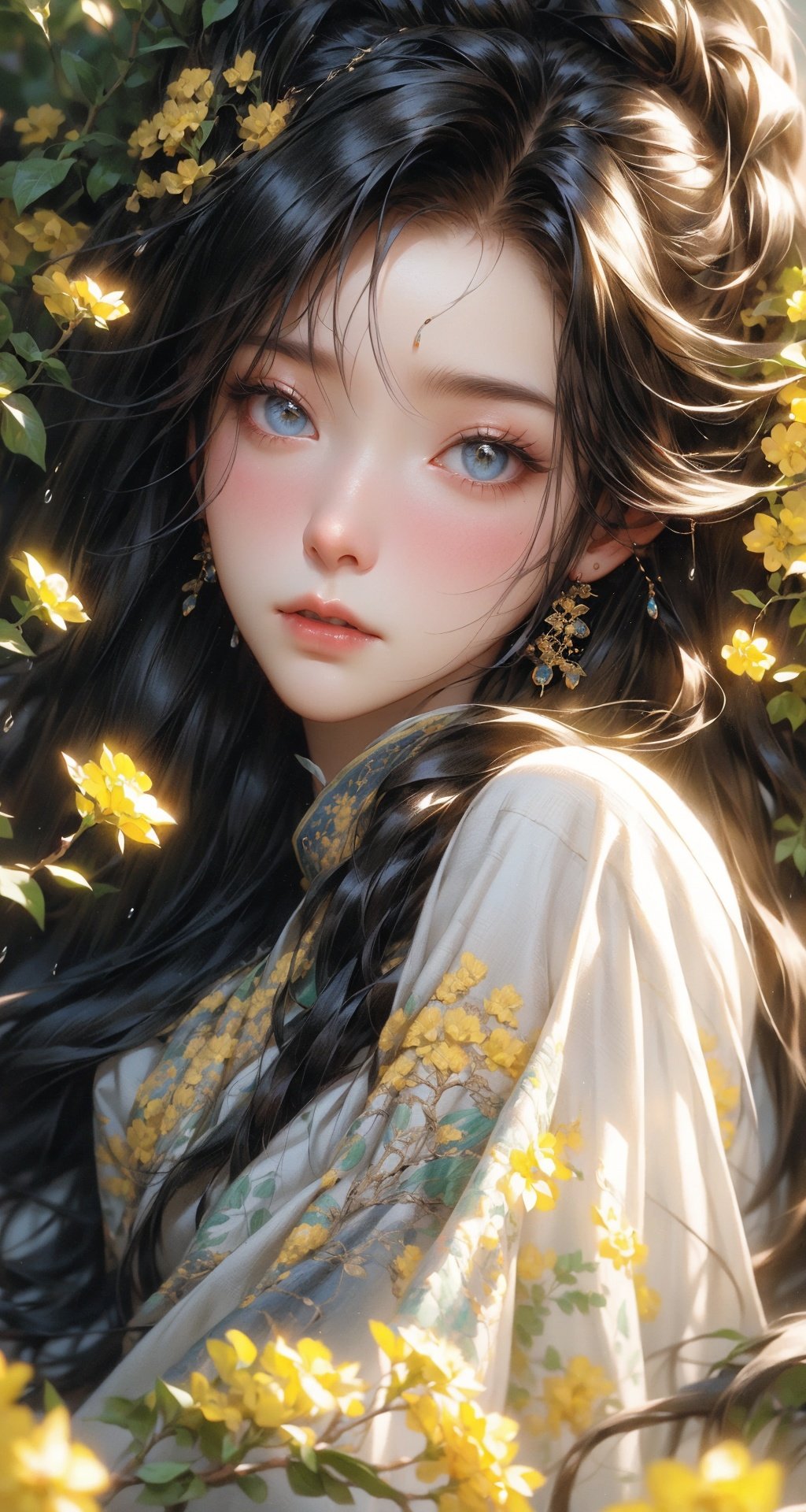 1 girl, upper body portrait close-up, black hair, flowing hair, hazy beauty, extremely beautiful facial features, yellow embroidered dress, hairpins on the head, lying in a bush, purple flowers, (spring, rainy days, terraces, mountains), simple vector art, contemporary Chinese art, soft light, layered form, overlook, <lora:EMS-10592-EMS:1>, <lora:EMS-1495-EMS:0.8>