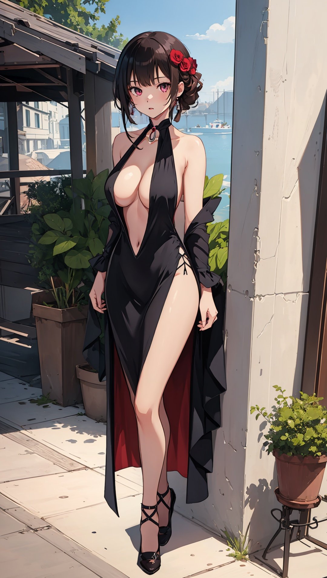 ((((ultra illustrated style:1.0)))),best quality,best animated,masterpiece,ray tracing, global illumination,deep v dress,1girl, solo,full body, looking at viewer, standing, outdoors,plunging neckline,<lora:deep v dress:0.9>