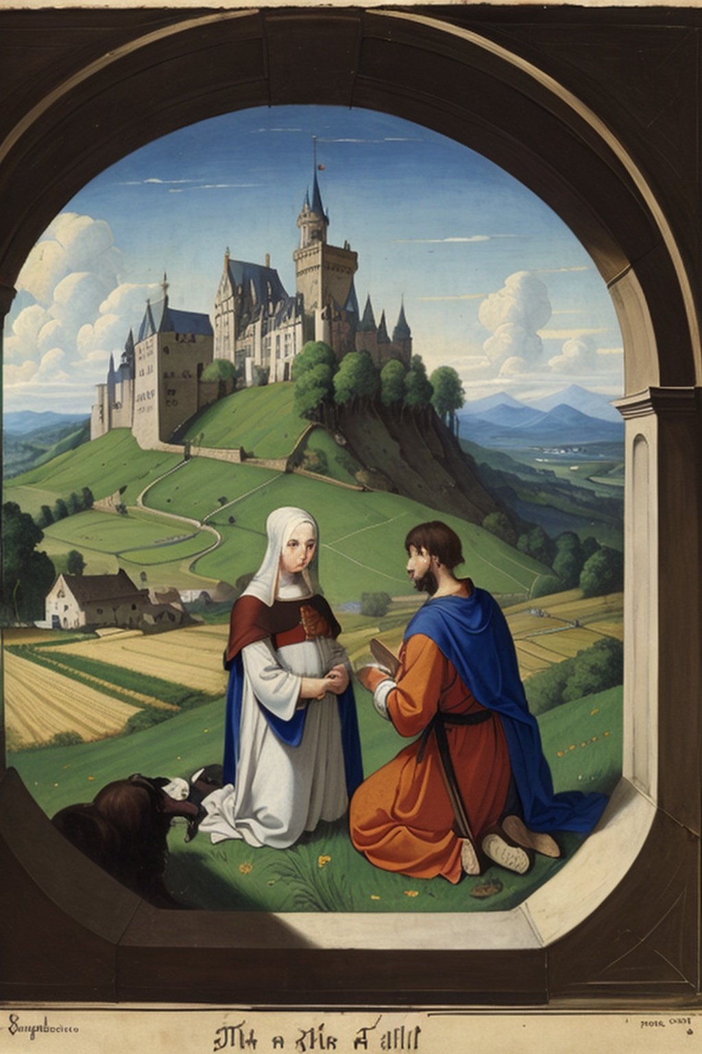 Medieval manor, fields, castle on the hill, (farmers) tilling the land, distant view, full body, (manuscript), masterpiece, early Renaissance, prayer book, ultra-high-definition, high_res, ((detailed face and eyes))