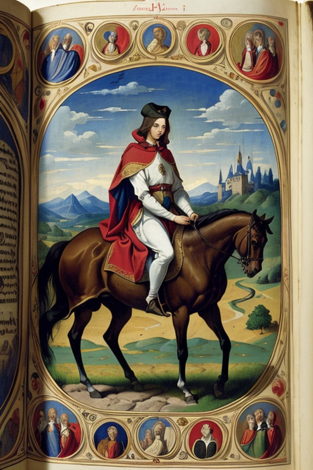 Medieval European castle, manor, nobles riding horses, extravagant clothes, full body, long shot, manuscript, gospel, masterpiece, early Renaissance, prayer book, ultra-high-definition, high_res