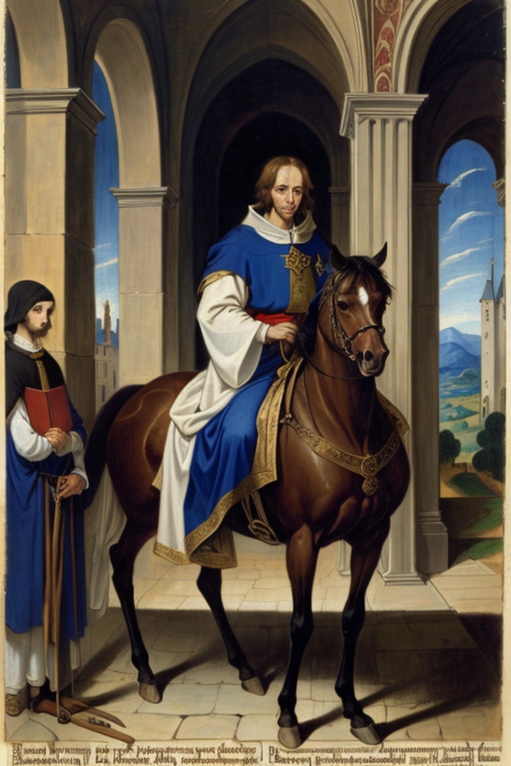 Medieval European castle, manor, nobles riding horses, extravagant clothes, full body, long shot, manuscript, gospel, masterpiece, early Renaissance, prayer book, ultra-high-definition, high_res, detailed face and eyes