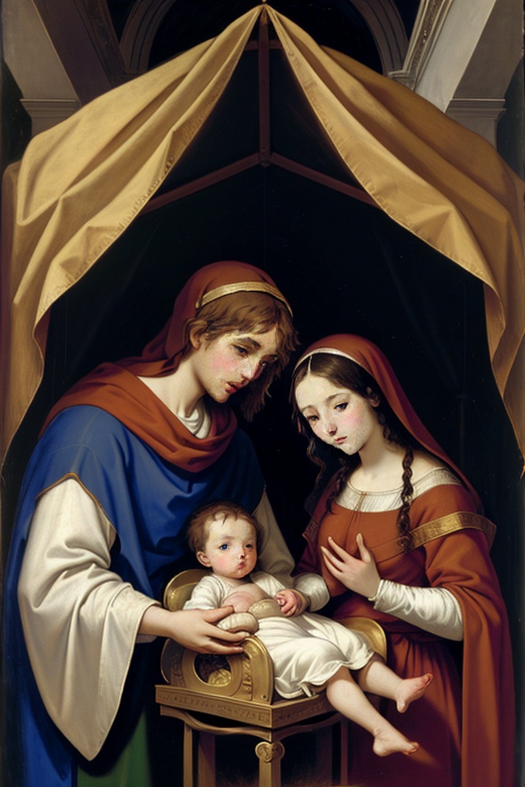 The Virgin Mary and baby Jesus, Holy Family, under a golden canopy, manger, livestock around, three Magi coming to pay, (manuscript), masterpiece, early Renaissance, prayer book, ultra-high-definition, high_res, ((detailed face and eyes))