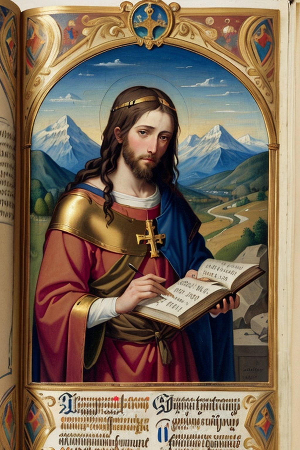 Medieval painting, gold foil, gospel, Jesus and disciples, Saint Peter, in the background are mountains and a castle, (manuscript), masterpiece, early Renaissance, prayer book, ultra-high-definition, high_res, detailed face and eyes