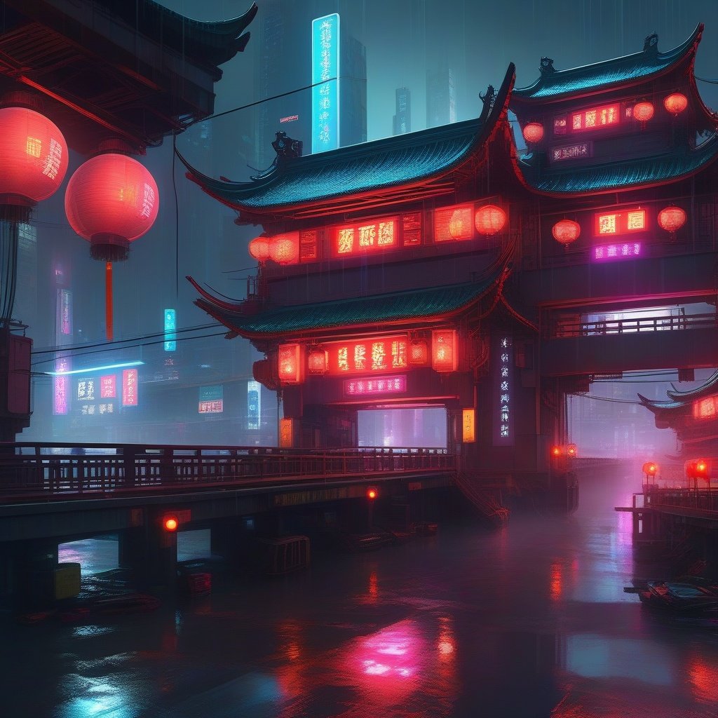 cinematic angle,panoroma,dynamic view, (wide bridge over a polluted river), (chinese style architecture),red light,  flickering screen,crew,masterpiece, best quality, 8k,  hyperdetailed, hyper quality, ultra detailed, Masterpiece,heavilly raining,neon lights,(Cyberpunk, Cyberpunk city:1.3),(Cyberpunk lights, light pollution:1.2), Myths and Legends, tension lens,science fiction, (mechanical joints), (mechanical parts), ((internal structure)), (detailed structure),mechanical internal structure, delicate internal structure,cables, wires, pistons, electricity, (glowing orbs), (luminous engine),  (energy core), ,  screws,  beautifully lit, ray tracing,scattered particles,  outdoors, detailed background