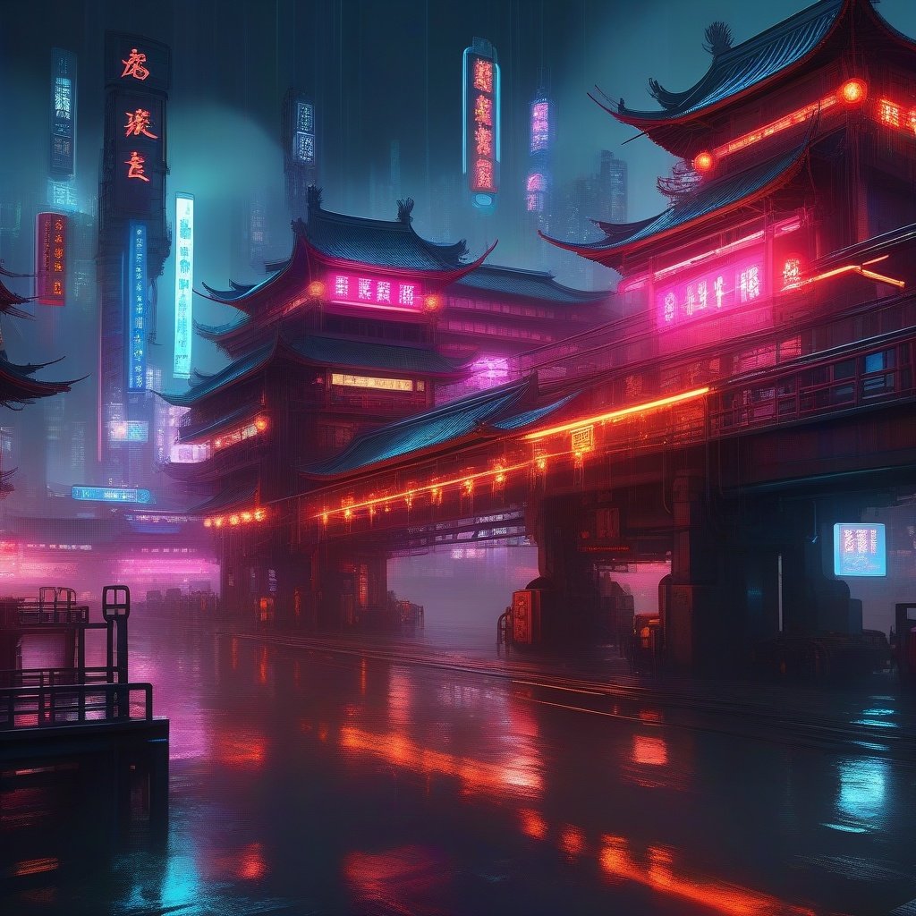 cinematic angle,panoroma,dynamic view, (wide bridge over a polluted river), (chinese style architecture),red light,  flickering screen,crew,masterpiece, best quality, 8k,  hyperdetailed, hyper quality, ultra detailed, Masterpiece,heavilly raining,neon lights,(Cyberpunk, Cyberpunk city:1.3),(Cyberpunk lights, light pollution:1.2), Myths and Legends, smoke, tension lens,science fiction, (mechanical joints), (mechanical parts), ((internal structure)), (detailed structure),mechanical internal structure, delicate internal structure,cables, wires, pistons, electricity, (glowing orbs), (luminous engine),  (energy core), ,  screws,  beautifully lit, ray tracing,scattered particles,  outdoors, detailed background