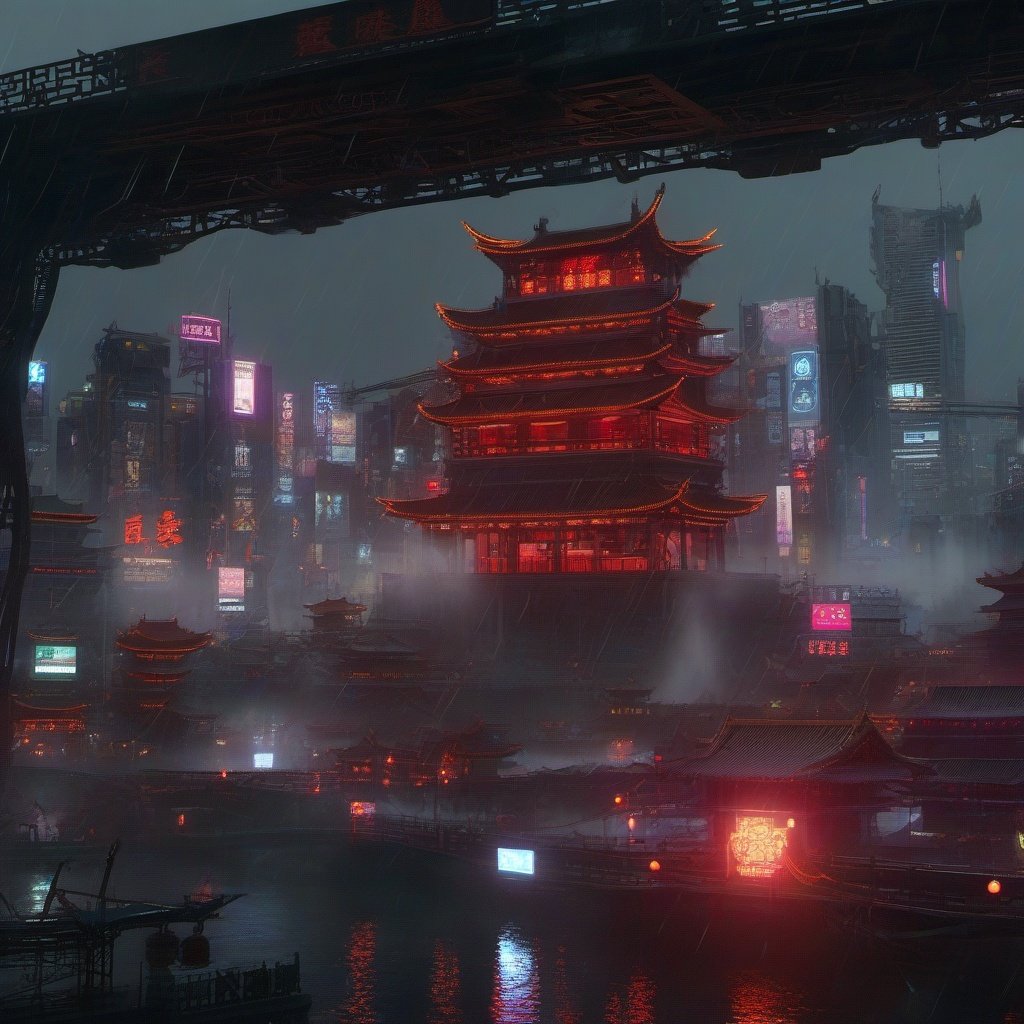 (dramatic, gritty, intense:1.4),masterpiece, best quality, 8k, insane details, intricate details, hyperdetailed, hyper quality, high detail, ultra detailed, Masterpiece,( Cyberpunk, Cyberpunk city:1.3),(Cyberpunk lights, light pollution:1.4), (wondering ghosts), (wide bridge), (red flowers), ((rainning) , Myths and Legends, smoke, tension lens, (chinese style architecture),science fiction, mechanical parts, (detailed structure),cables, wires, pistons, electricity, (glowing orbs), (luminous engine),  (energy core),  screws,  beautifully lit, ray tracing,scattered particles,  outdoors, detailed background, (neon lights)