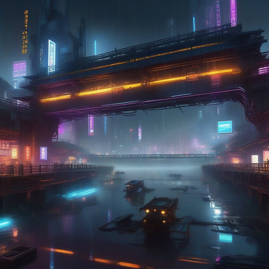 (wide bridge over a polluted river), huge flickering screen,neon lights,crew,masterpiece, best quality, 8k,  hyperdetailed, hyper quality, ultra detailed, Masterpiece,heavilly raining,(Cyberpunk, Cyberpunk city:1.3),(Cyberpunk lights, light pollution:1.2), Myths and Legends, smoke, tension lens, (chinese style architecture),science fiction, (mechanical joints), (mechanical parts), ((internal structure)), (detailed structure),mechanical internal structure, delicate internal structure,cables, wires, pistons, electricity, (glowing orbs), (luminous engine),  (energy core), ,  screws,  beautifully lit, ray tracing,scattered particles,  outdoors, detailed background