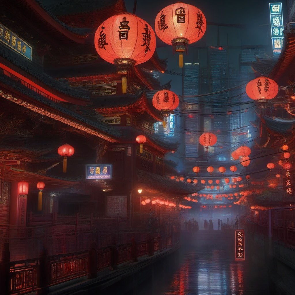 (dramatic, gritty, intense:1.4),masterpiece, best quality, 8k, insane details, intricate details, hyperdetailed, hyper quality, high detail, ultra detailed, Masterpiece,( Cyberpunk, Cyberpunk city:1.3),(Cyberpunk lights, light pollution:1.4), (ghost), Chinese knotting,Whips firecrackers, chinese new year, glow,  Myths and Legends, smoke, tension lens, (chinese style architecture),science fiction, red lanterns, (mechanical joints), (mechanical parts), ((internal structure)), (detailed structure),mechanical internal structure, delicate internal structure,cables, wires, pistons, electricity, (glowing orbs), (luminous engine),  (energy core), ,  screws,  beautifully lit, ray tracing,scattered particles,  outdoors, detailed background, (neon lights)