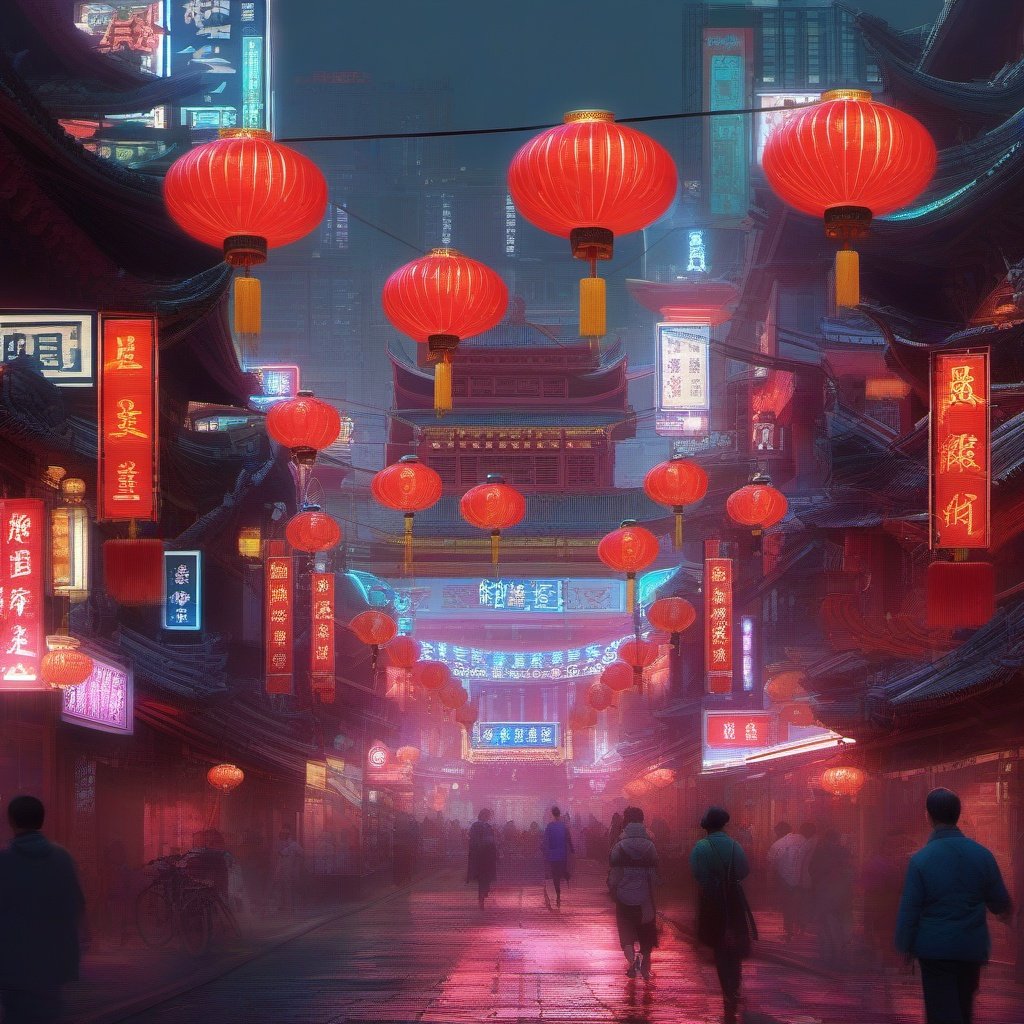 bustling China town street, 1960, digital art, cyberpunk style, sense of technology, neon lights, red and black color scheme, dotted with blue, artstation, epic painting, crazy details, extra long shot, low shot, symmetrical, 8k --ar 3:4 --q 5 --no car --uplight --v 5