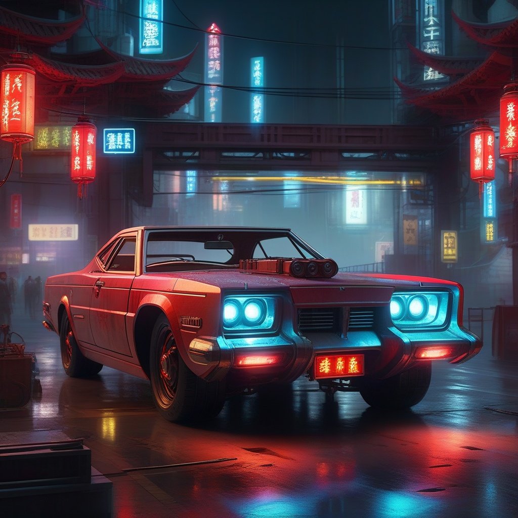 (focus on a vintage car),masterpiece, best quality, 8k, insane details, intricate details, hyperdetailed, hyper quality, high detail, ultra detailed, Masterpiece,( Cyberpunk, Cyberpunk city:1.3),(Cyberpunk lights, light pollution:1.4), (wondering ghost), (wide bridge), (red Lycoris), Myths and Legends, smoke, tension lens, (chinese style architecture),science fiction, (mechanical joints), (mechanical parts), ((internal structure)), (detailed structure),mechanical internal structure, delicate internal structure,cables, wires, pistons, electricity, (glowing orbs), (luminous engine),  (energy core), ,  screws,  beautifully lit, ray tracing,scattered particles,  outdoors, detailed background, (neon lights)