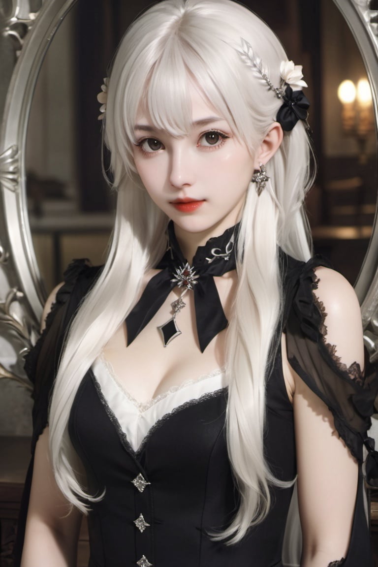 best quality,masterpiece,highres,cg,1girl,Photograph,high resolution,8k,mirror selfie,photo of a petite pretty 24 year-old woman with white long hair,anime art,dark,Gothic,,capricorn,