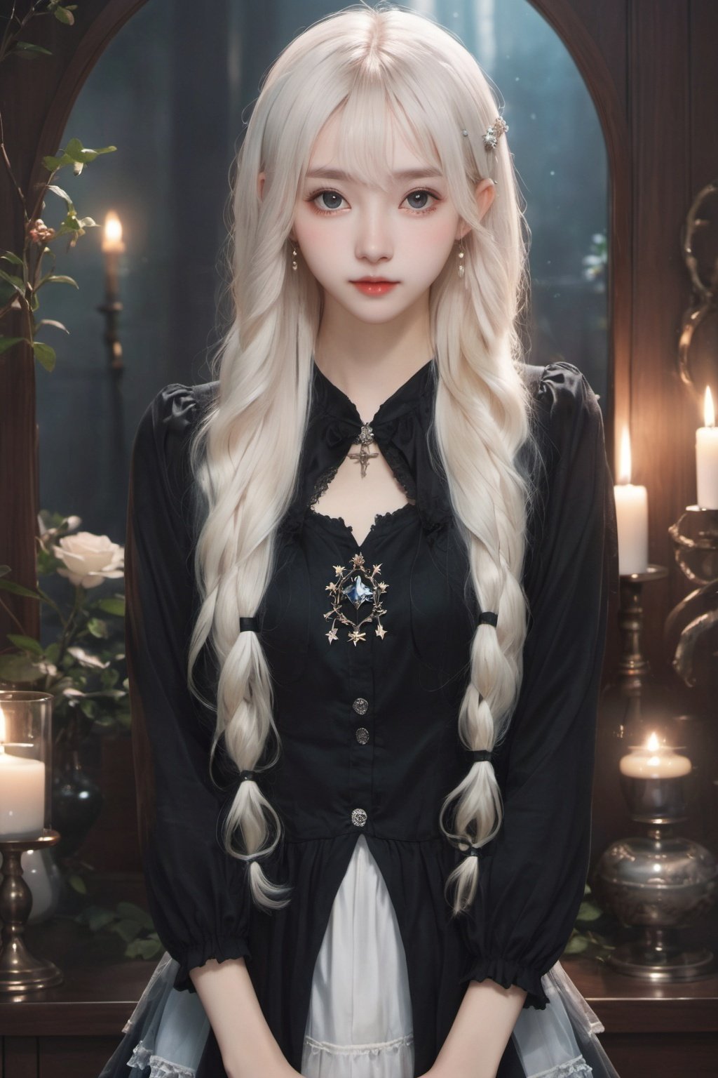 best quality,masterpiece,highres,cg,1girl,Photograph,high resolution,8k,mirror selfie,photo of a petite pretty 24 year-old woman with white long hair,anime art,dark,Gothic,<lora:capricorn:0.6>,capricorn,