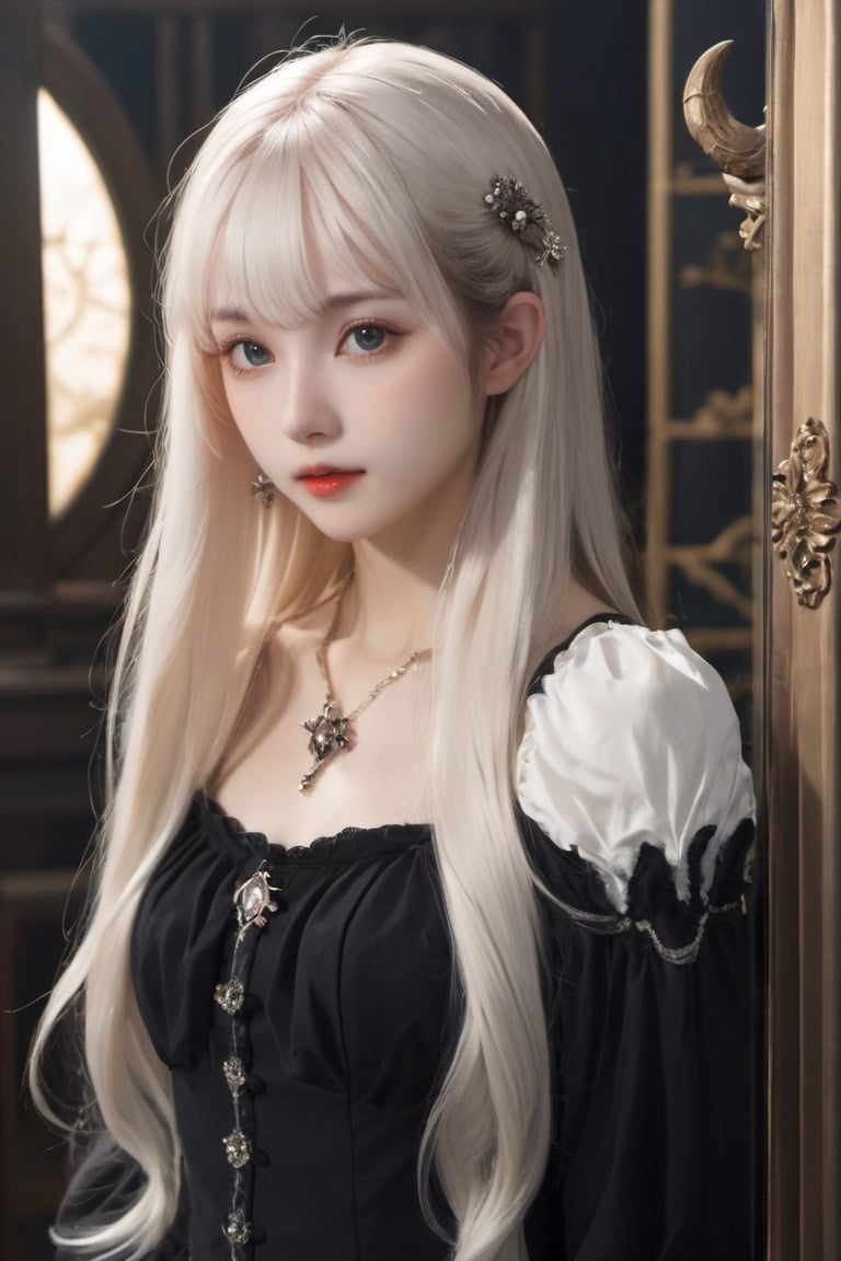 best quality,masterpiece,highres,cg,1girl,Photograph,high resolution,8k,mirror selfie,photo of a petite pretty 24 year-old woman with white long hair,anime art,dark,Gothic,,capricorn,