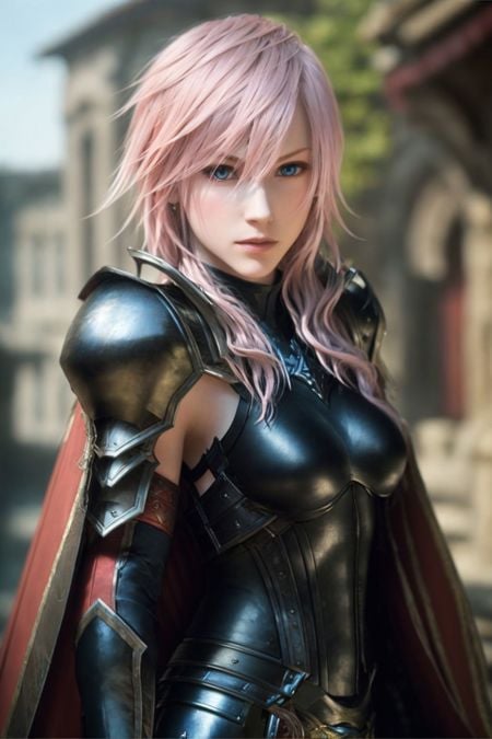 <lora:LightningFF:0.67>, masterpiece, highest quality, RAW, analog style, A stunning portrait of a beautiful woman,  pink hair, pale skin, vibrant blue eyes, wearing black and red armor, red cape, (highly detailed skin, skin details), sharp focus, 8k UHD, DSLR, high quality, film grain, Fujifilm XT3, frowning, intricate details, highly detailed, cluttered and detailed background