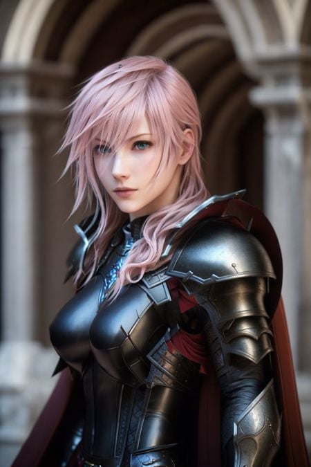 <lora:LightningFF:0.67>, masterpiece, highest quality, RAW, analog style, A stunning portrait of a beautiful woman,  pink hair, pale skin, vibrant blue eyes, wearing black and red armor, red cape, (highly detailed skin, skin details), sharp focus, 8k UHD, DSLR, high quality, film grain, Fujifilm XT3, frowning, intricate details, highly detailed, cluttered and detailed background