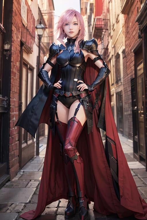 ,masterpiece, full body, standing,Smile <lora:(最终幻想)雷光風格.LightningFF:0.65>, pink hair, pale skin, vibrant blue eyes, wearing black and red armor, red cape