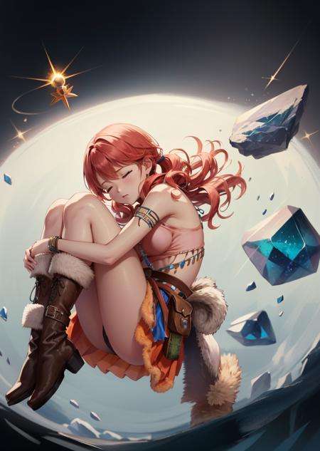 masterpiece, best quality, vanille, necklace, bracelets, pink crop top, orange skirt, belt, clothes around waist, fur-trim boots, fetal position, hovering in midair, black background, floating crystals, closed eyes <lora:vanille-nvwls-v1-000012:0.9>