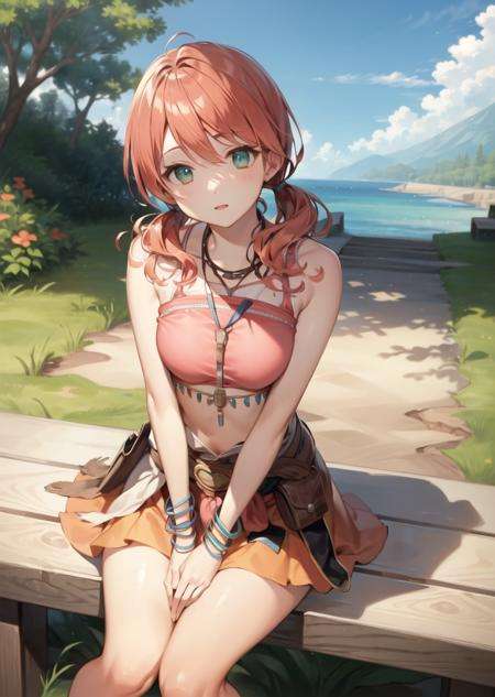 masterpiece, best quality, vanille, necklace, bracelets, pink crop top, orange skirt, belt, clothes around waist, sitting, looking at viewer, facing directly forward, confused, pov, forced perspective, sky <lora:vanille-nvwls-v1-000012:0.9>