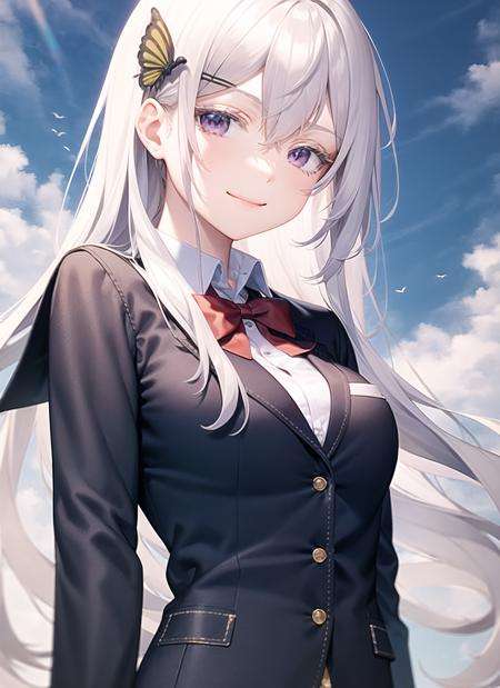 <lora:echidna2-000009:1>, rnd1, upper body, school uniform, smile, simple background, outdoors, sky, day,