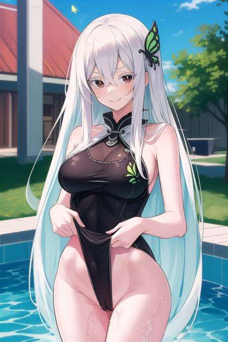 anime, hdr, soft light, ((best quality)), ((masterpiece)), (detailed), <lora:Echidna_3_20-000014:1> echidna, wide hips, brown eyes, hair between eyes, butterfly hair ornament, (colored eyelashes:1.2), (one-piece swimsuit:1.1), smile, looking at viewer, partially_visible_vulva, pulledwedgie,pulled by self,wedgie, pool, water, <lora:pulledwedgie:0.8>