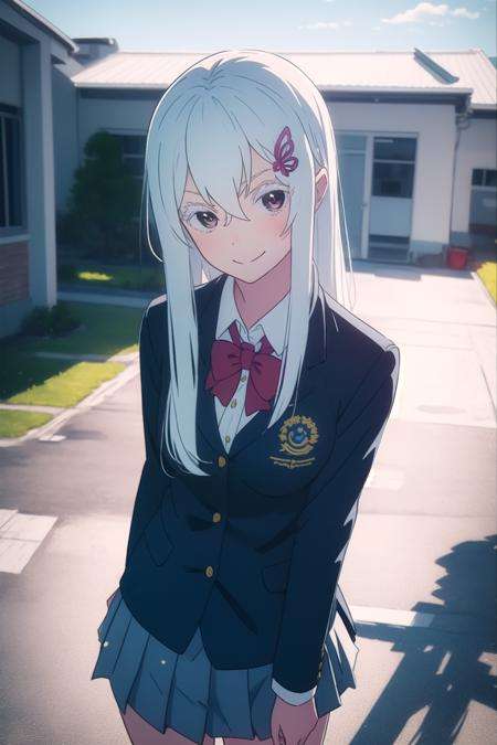 anime, hdr, soft light, ((best quality)), ((masterpiece)), (detailed), <lora:Echidna_3_20-000014:1> echidna, brown eyes, hair between eyes, hairclip, (colored eyelashes:1.1), school uniform, blue jacket, pleated skirt, collared shirt, bowtie, smile, looking at viewer, school