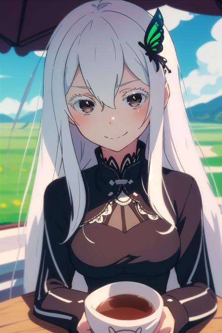 anime, hdr, soft light, ((best quality)), ((masterpiece)), (detailed), <lora:Echidna_3_20-000014:1> echidna, 1girl, white hair, brown eyes, butterfly hair ornament, (eyelashes, colored eyelashes:1.1), black dress, looking at viewer, grin, closed mouth, tea cup, table, plains, blue sky