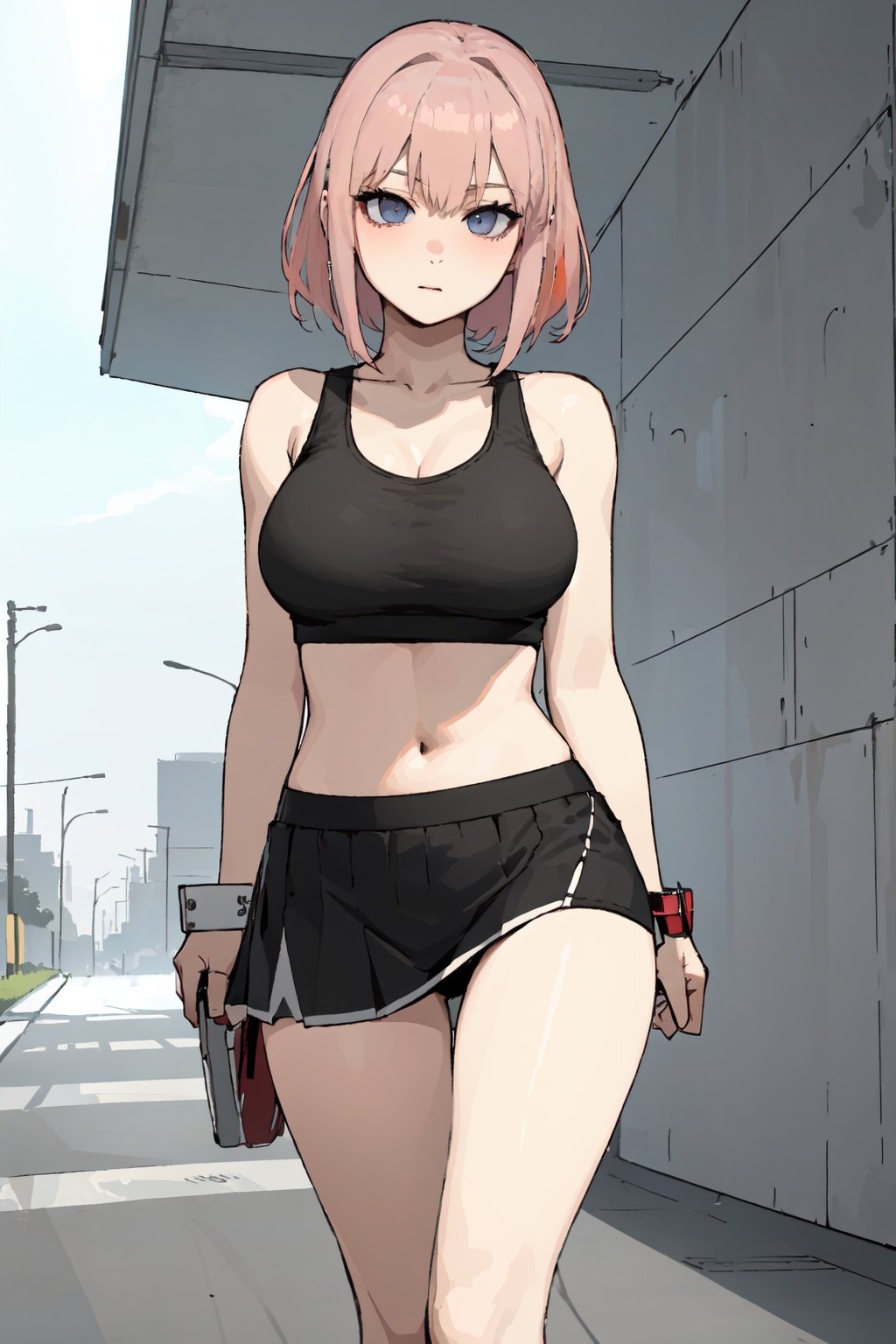 masterpiece, best_quality, 1girl, solo, tank top, lowleg skirt, pink hair, large breasts, limp body, under a bridge