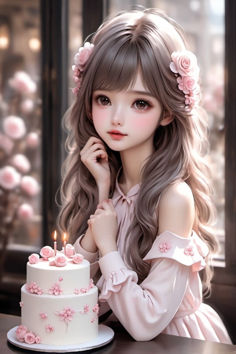 1girl,solo,flower,exquisite flower cake,(on the cake stood a beautiful girl:1.5),white hair,dress,food,pink flower,cake,brown eyes,pink rose,hair ornament,hair flower,looking at viewer,long hair,rose,long sleeves,m-girl