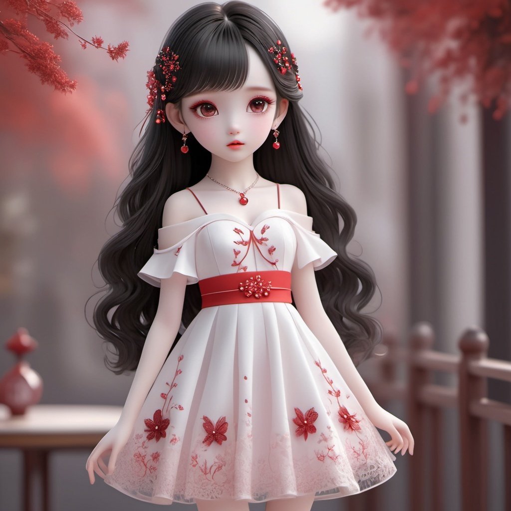 (8k, best quality, masterpiece),(ultra-detailed:1.1),dress,(high detailed skin),(full body:1.6),cute,1girl,black hair,red eyes,hair ornament,(fashion make up),
 ,(hands at the waist:1.2),6-12yifu,red crystal shoes,long hair,