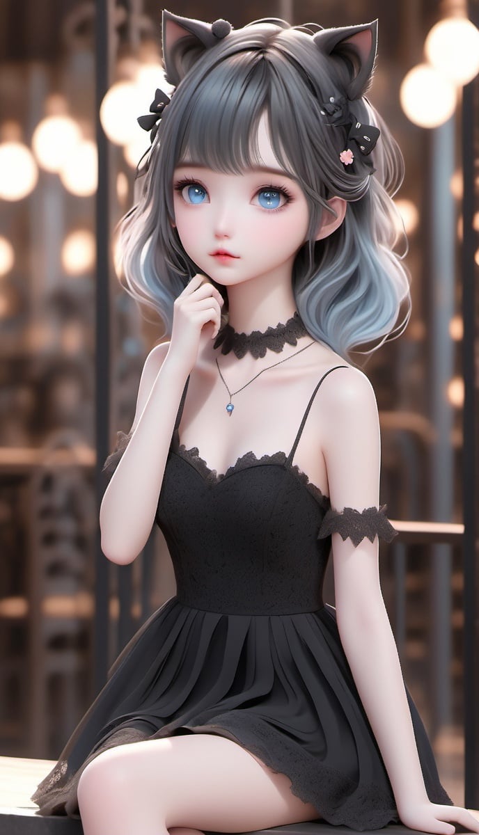 (8k, best quality, masterpiece), (ultra-detailed:1.1), (high detailed skin),(full body:1.1),black lace dress, black dress, cat ears, cute,,1girl,black hair, blue eyes, hair ornament,(fashion make up), black dress,
colorgalaxy,Frosty anime style,m-girl