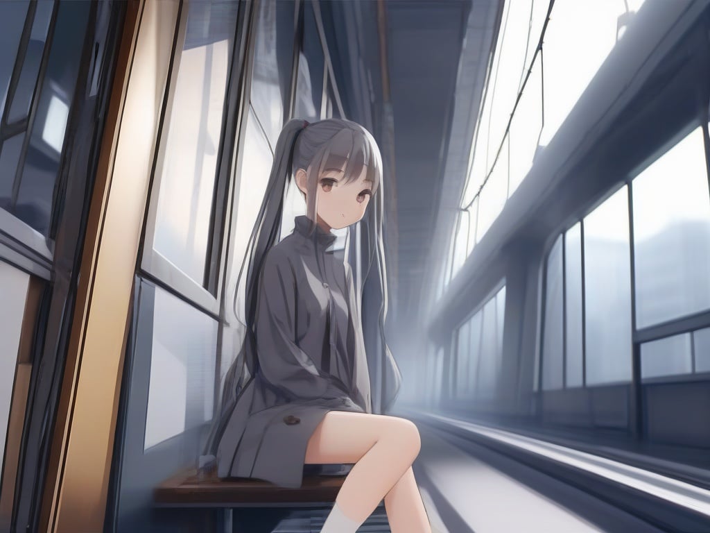 <lora:grey_style-sdxl-000001:0.3>,(grey style:1.2),grey scenery,a hazy visual sense,majestic view,a cinematic animated scene,exquisite and perfect body structure,clear and visible five fingers,1girl,(loli:1),masterpiece,best quality,no shoes,open mouth,cute,full body,low ponytail,