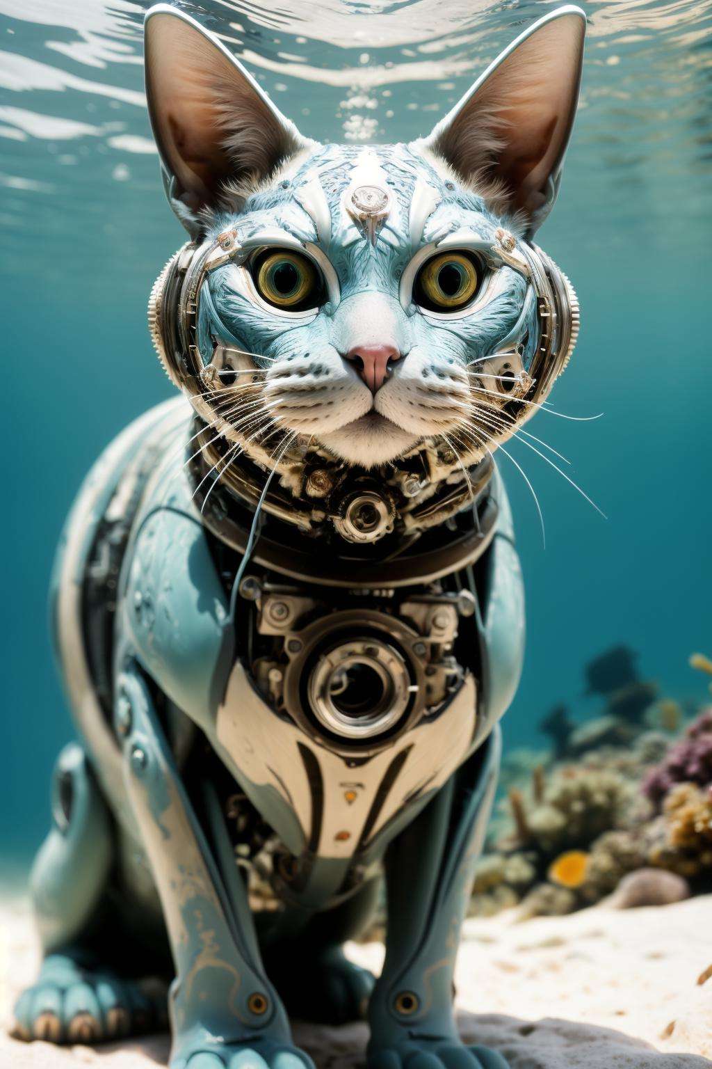 mechanical cat,tropical reef snorkeling,diving, (masterpiece:1.2) (photorealistic:1.2) (bokeh) (best quality) (detailed skin:1.3) (intricate details) (8k) (HDR) (analog film) (canon d5) (cinematic lighting) (sharp focus), <lora:Mechanicalcat:0.6>