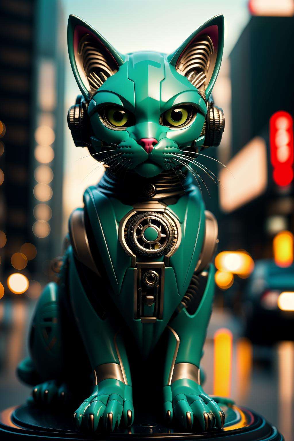 sleek black stealth mechanical cat,car,  cyberpunk city in background, <lora:Mechanicalcat:0.7>