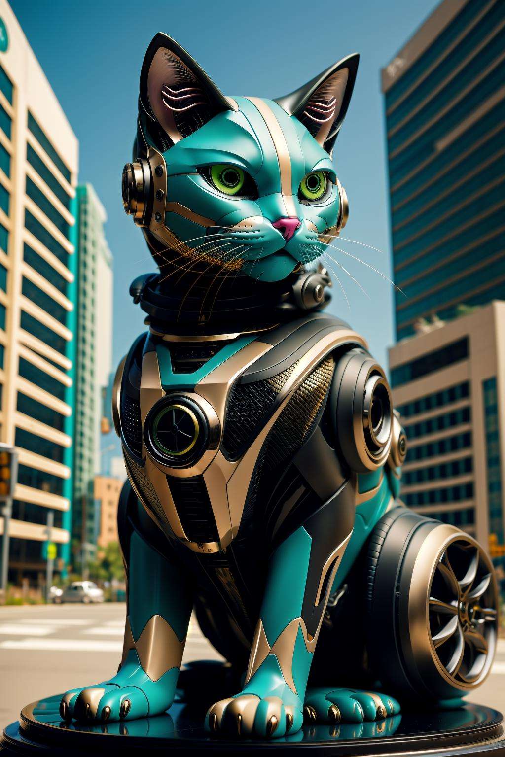 sleek black stealth mechanical cat,car,  cyberpunk city in background, <lora:Mechanicalcat:0.7>