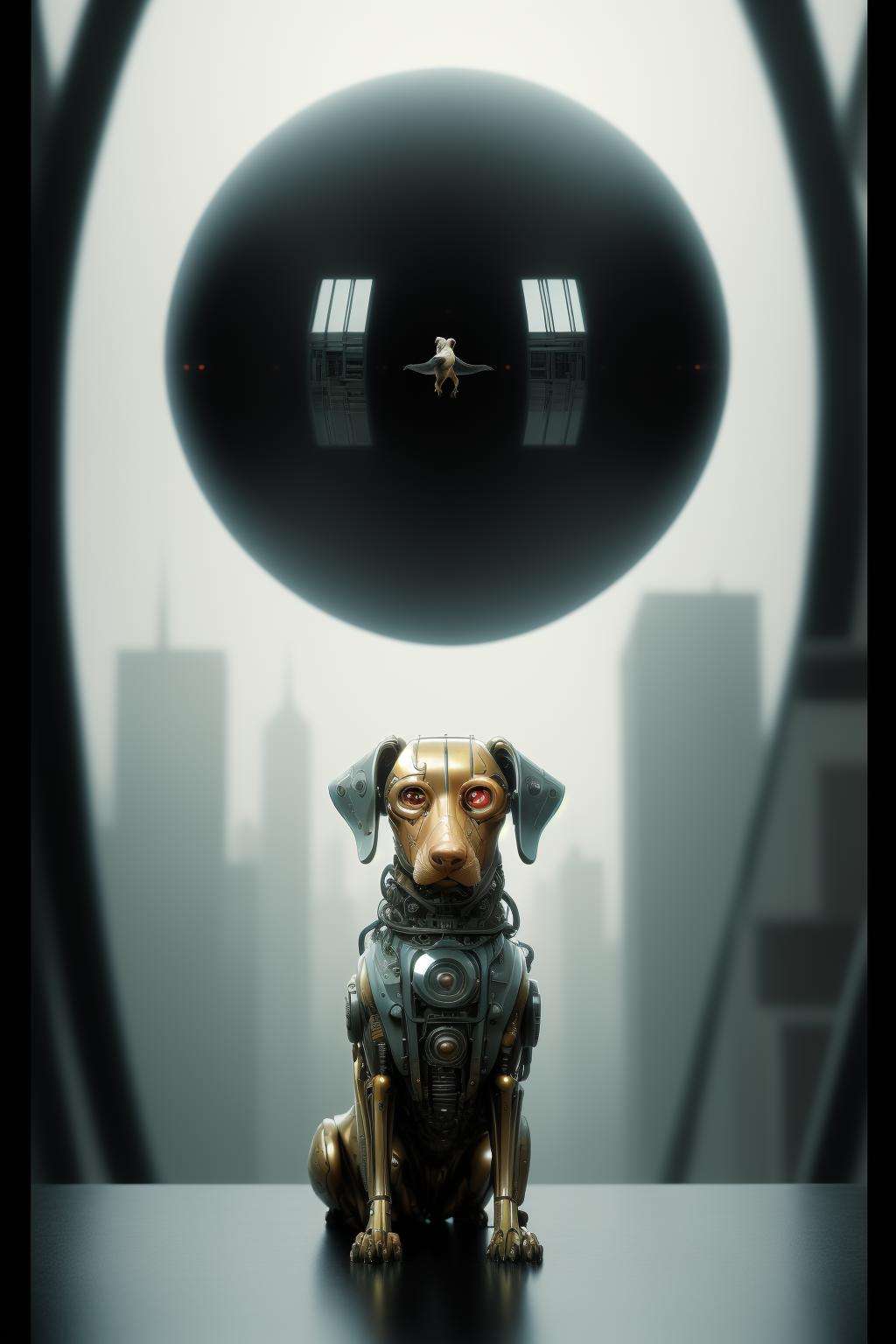 sleek black stealth mechanical dog,cyberpunk city in background, (art by Michal Karcz:1.2) ,art by Chris Moore, (art by Drew Struzan:1.2) , a sphere, Drone photo, wall Graffiti of a lush city, sfumato, Broken Divine Dachshund, Diplomat, wearing Terrestrial planet, Spring, Illustration, Angry, spotlit, 800mm lens, triadic colors, <lora:Mechanicaldog:0.6>