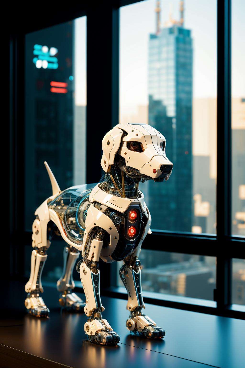 cyberpunk city in background,(sleek stealth),(transparent:1.5),<lora:Mechanicaldog:0.6>,Mechanical dog,(Mechanical parts:1.3),