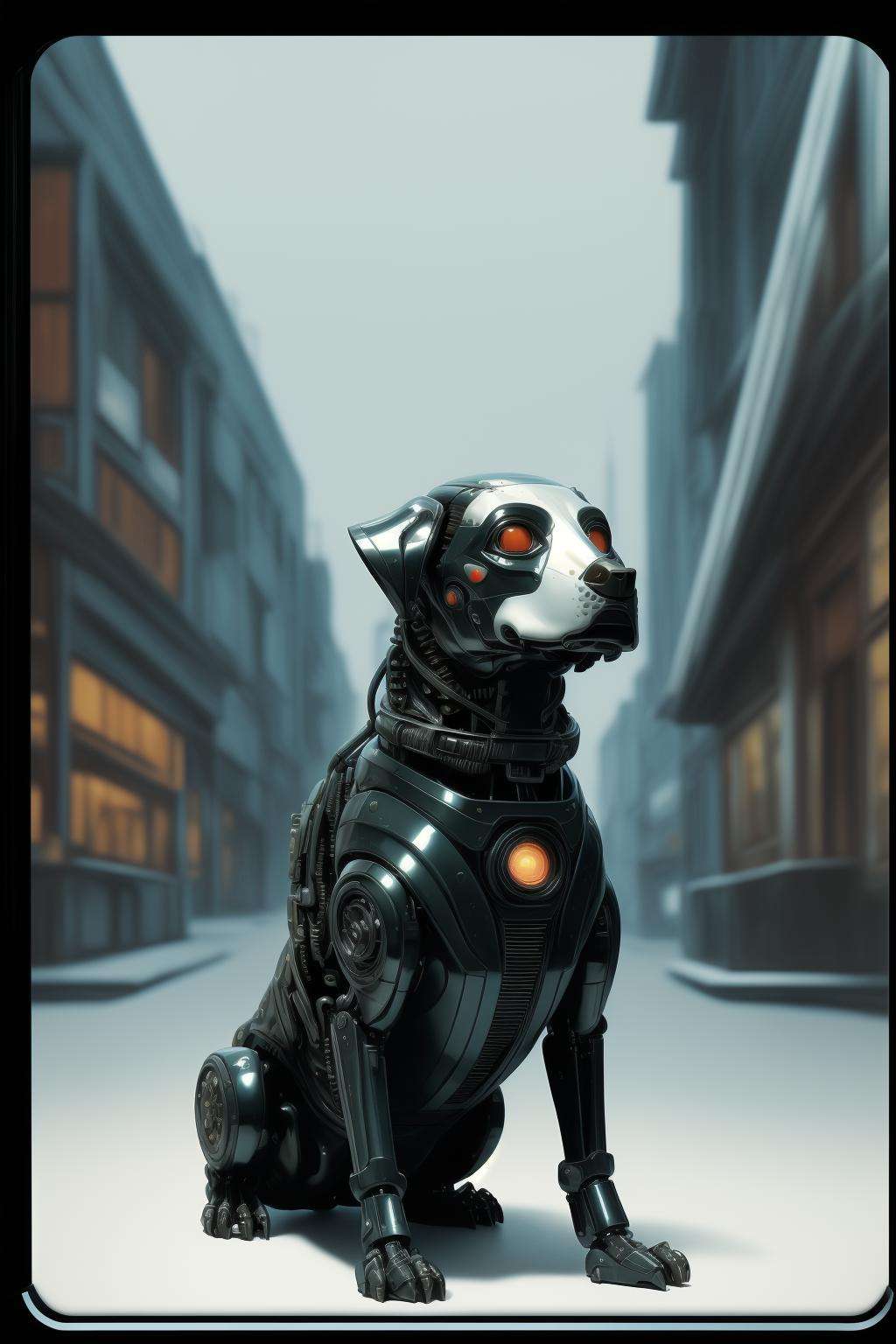 sleek black stealth mechanical dog,cyberpunk city in background, [ (art by Michael Hutter:0.9) : (art by Bruce Pennington:1.1) :18], 8k Unity Engine, fractal manifold of a Unmotivated [Jigglypuff| Australian Shepherd], from inside of a Grocery store, Snowing, horizon-centered, Illustration, Nanopunk, Indirect light, Depth of field 100mm, Fujifilm Superia, dynamic composition, sunbeam, <lora:Mechanicaldog:0.6>