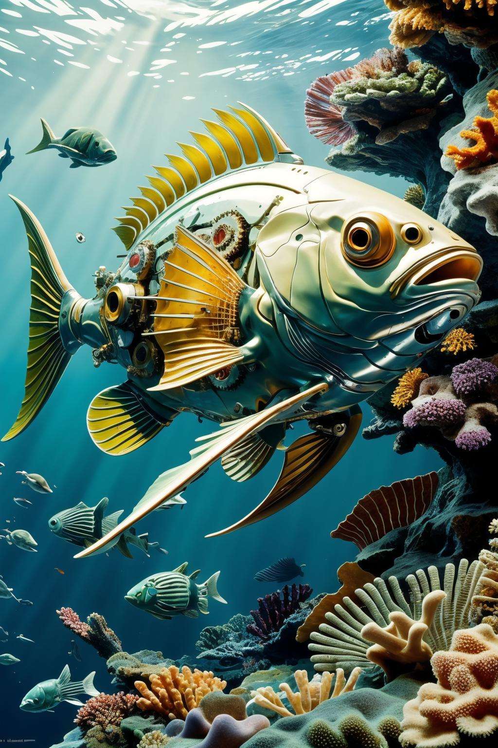 ((masterpiece)), ((best quality)), 8k, high detailed, ultra-detailed,(sleek stealth),<lora:Mechanicalfish:0.7>,Mechanical fish, Abundant marine life,(Coral reefs),(Deep Sea:1.5),Mechanical parts, gears