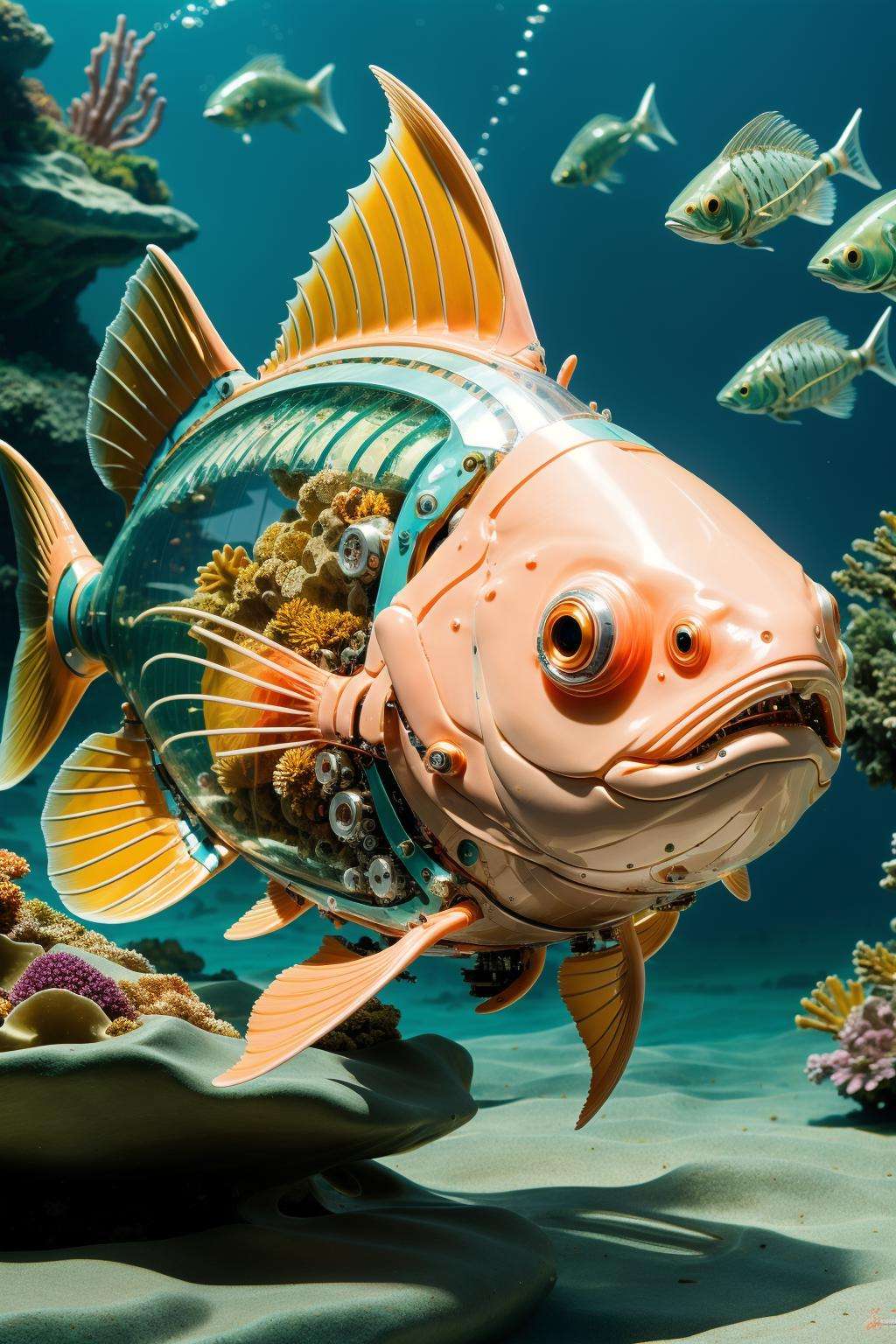 ((masterpiece)), ((best quality)), 8k, high detailed, ultra-detailed,(sleek stealth),(transparent:1.5),<lora:Mechanicalfish:0.6>,Mechanical fish, Abundant marine life,(Coral reefs:1.3),(Deep Sea:1.5),(Mechanical parts:1.3), 