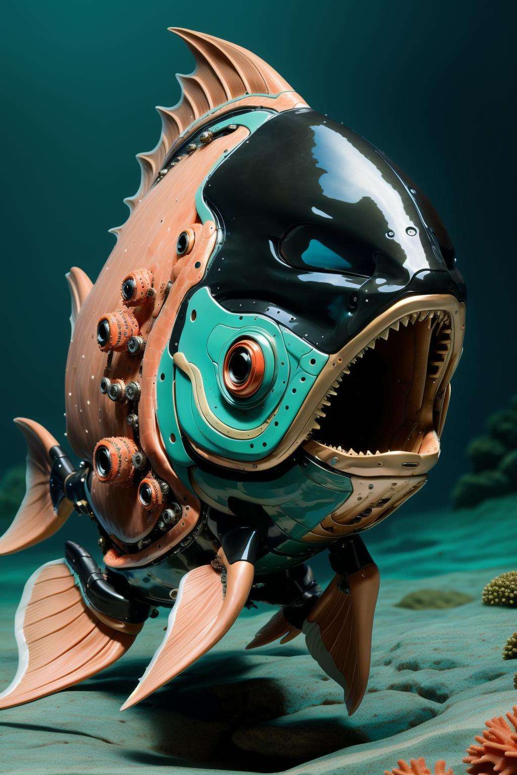 ((masterpiece)), ((best quality)), 8k, high detailed, ultra-detailed,(sleek black stealth:1.5),<lora:Mechanicalfish:0.8>,Mechanical fish, Abundant marine life,(Coral reefs:1.5),(Deep Sea:1.5),Mechanical parts, gears