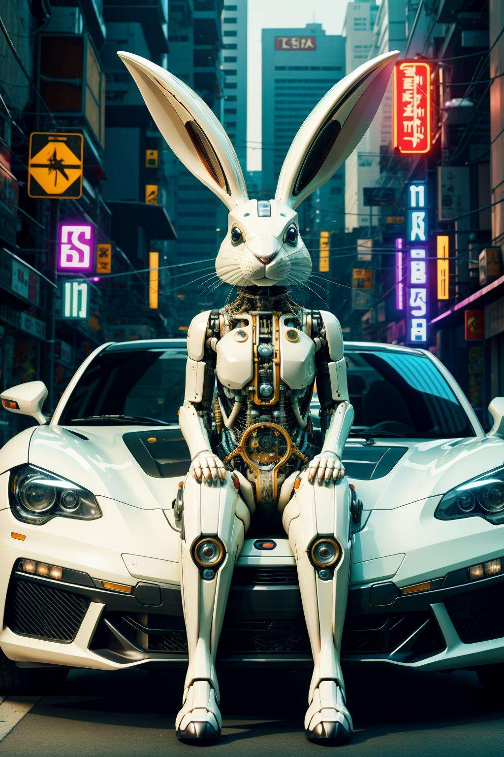 sleek black stealth mechanical rabbit,car,  cyberpunk city in background,<lora:Mechanicalrabbit:0.7>