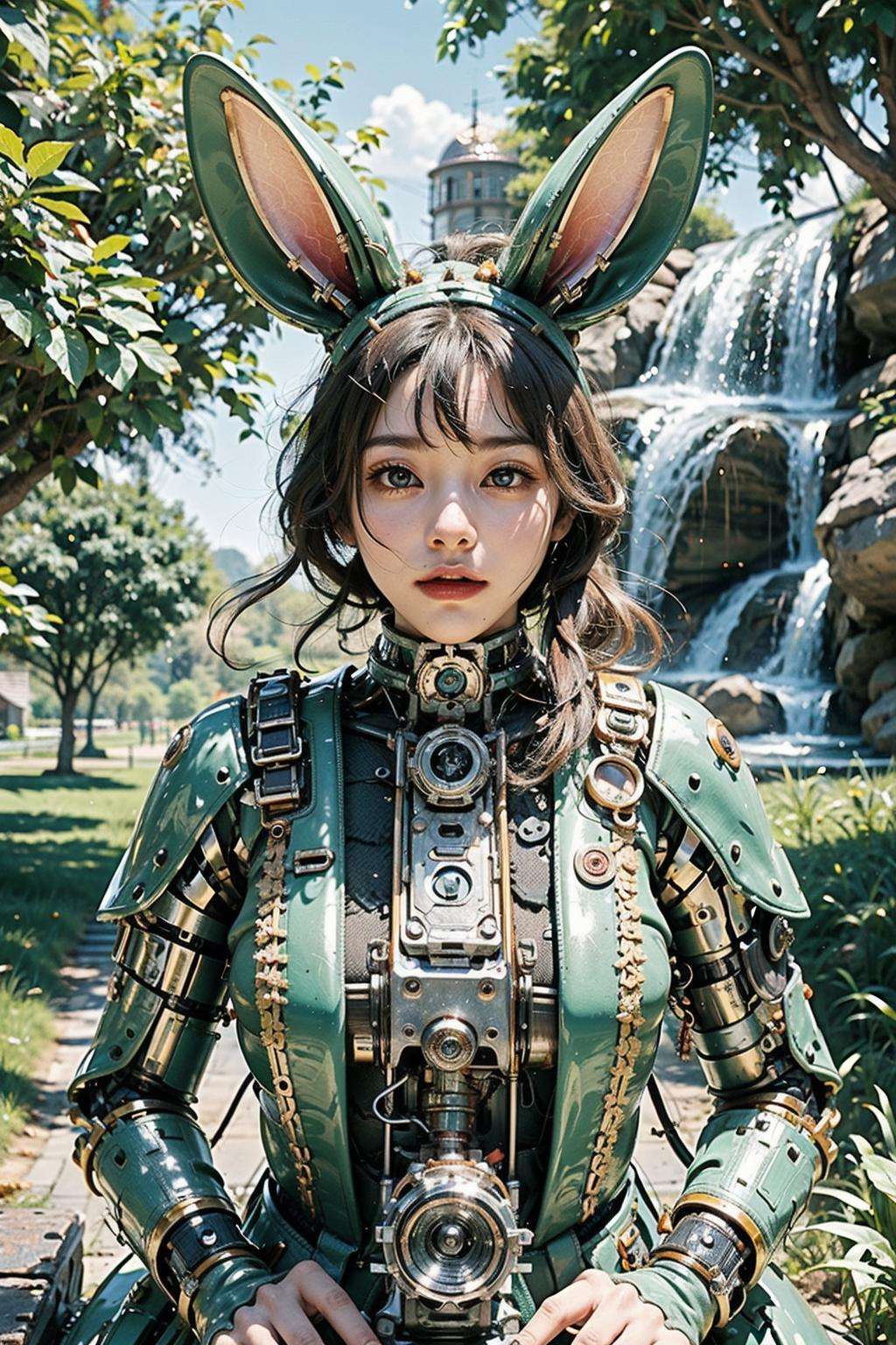 ((masterpiece)), ((best quality)), 8k, high detailed, ultra-detailed, A mechanical rabbit, harmoniously integrated into the beauty of nature, capturing the balance between technology and the environment, ((nature)), ((harmonious integration)), ((technology and environment balance)),  gear mechanisms, under the tree,light rays,1girl, <lora:Mechanicalrabbit:0.7>