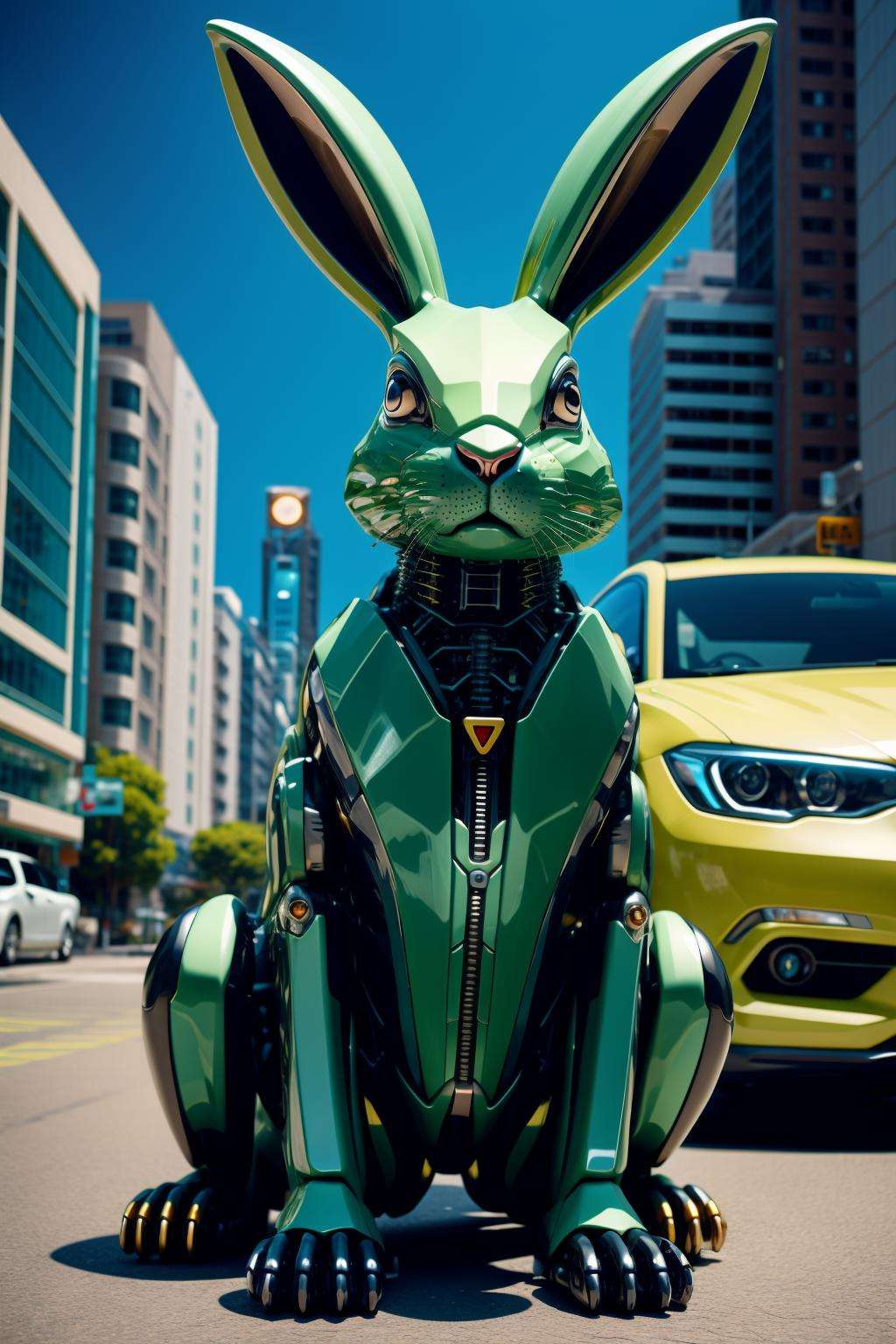 sleek black stealth mechanical rabbit,car,  cyberpunk city in background,<lora:Mechanicalrabbit:0.7>