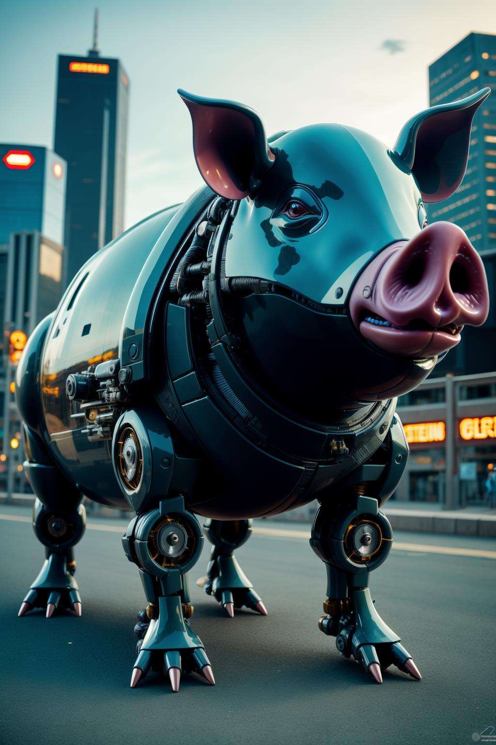 sleek black stealth mechanical pig,cyberpunk city in background,<lora:Mechanicalpig:0.6>