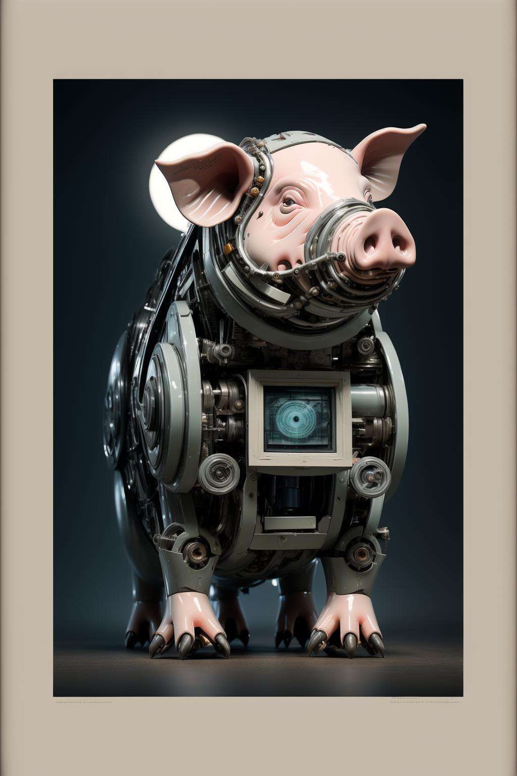 mechanical pig, (art by Jack Gaughan:0.7) , (art by Jason A. Engle:0.8) , (art by Drew Struzan:0.7) , photograph, Hideous Saint Bernard, Moon in the night, Masterpiece, Relaxed, split lighting, film grain, Canon 5d mark 4, Zoom lens, Mono Color, League of Legends Splash Art, <lora:Mechanicalpig:0.6>